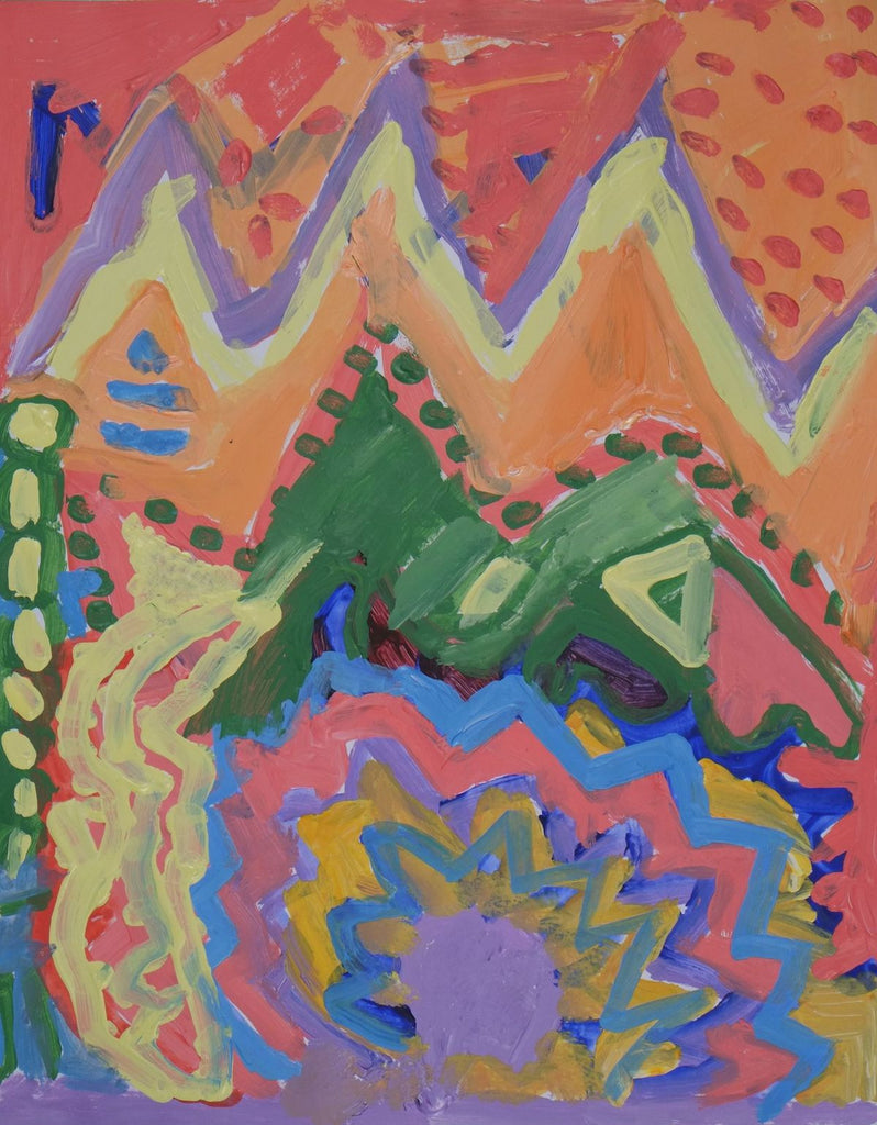 Acrylic on paper artwork depicting a red and orange sky above purple, yellow and orange mountains above greenery and flowers with outlines of blue, orange, purple, and yellow surrounding a lavender center