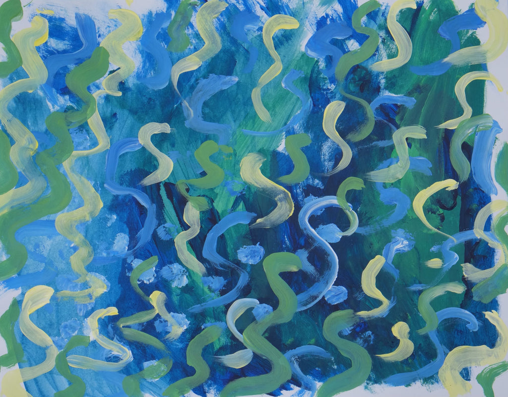 Acrylic on paper artwork with dark blue background and yellow, green and light blue squiggles overlaid
