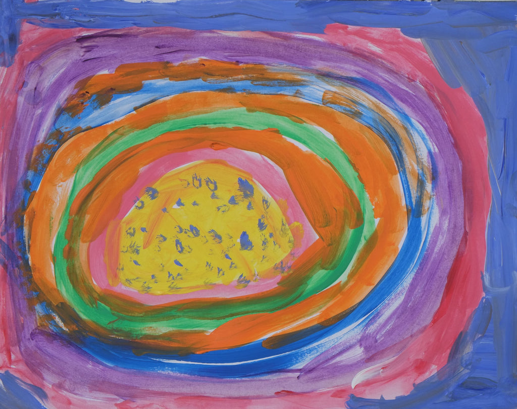 Acrylic on paper artwork with interlocking circles from large to small, from outside in of blue, pink, purple, blue, orange, green, pink and yellow