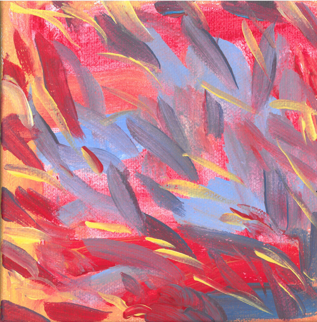 On a background of orangish red with a touch of yellow are mostly diagonal streaks of sky blue, gray, yellow, and deep red. The streaks look somewhat like feathers. 