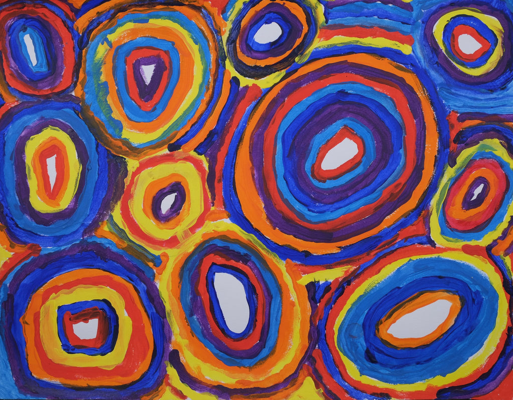 Acrylic on paper artwork featuring hundreds of circles in varying sizes and colors of red, blue, orange, yellow and purple