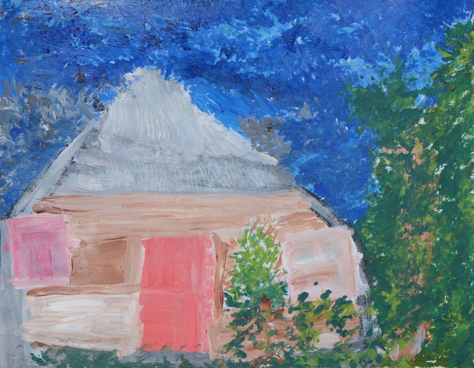 Acrylic on paper artwork of a brown house with a red door and grey roof beneath a blue sky and next to green trees