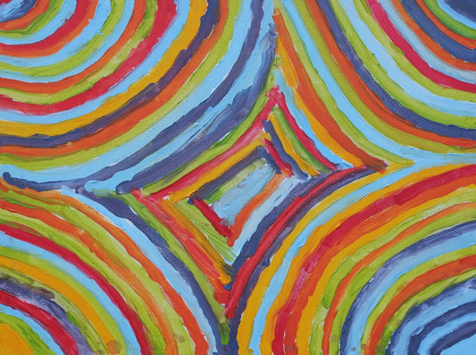 Acrylic on canvas artwork depicting light blue, dark blue, red, orange, green and yellow lines working inwards to colored rectangles in the center