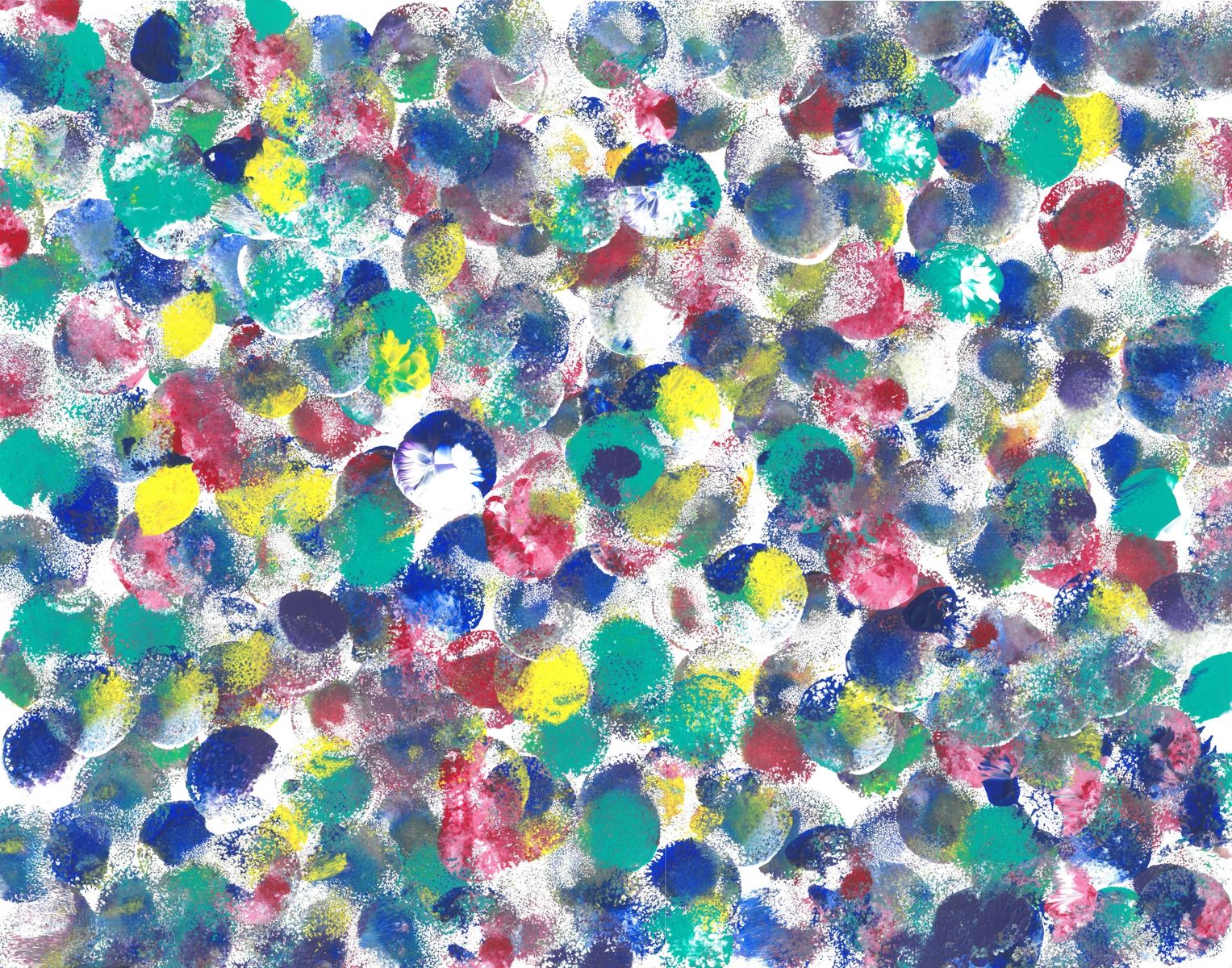 On a white background are circles of aqua, dark blue, deep red, gray, and yellow. Some of the circles have a mottled, dotted surface. 