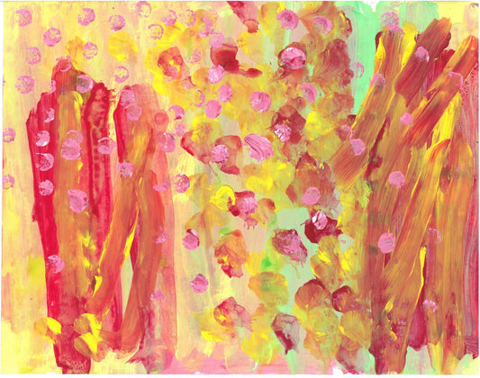 Acrylic on paper artwork with vertical red, yellow and green pain strokes with pink and yellow dots