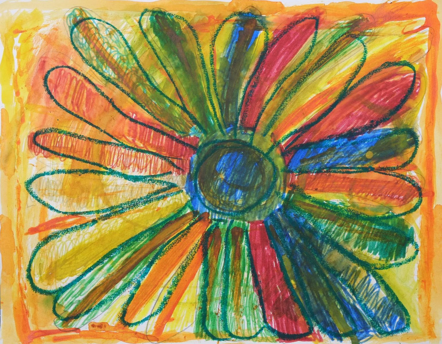 Ink on paper artwork with a light yellow, orange and red background with a large flower outlined in green over top