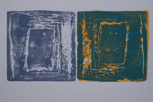 Ink on paper artwork against gray background with a large blue block with white square on the left and a large teal block with orange yellow square on the right