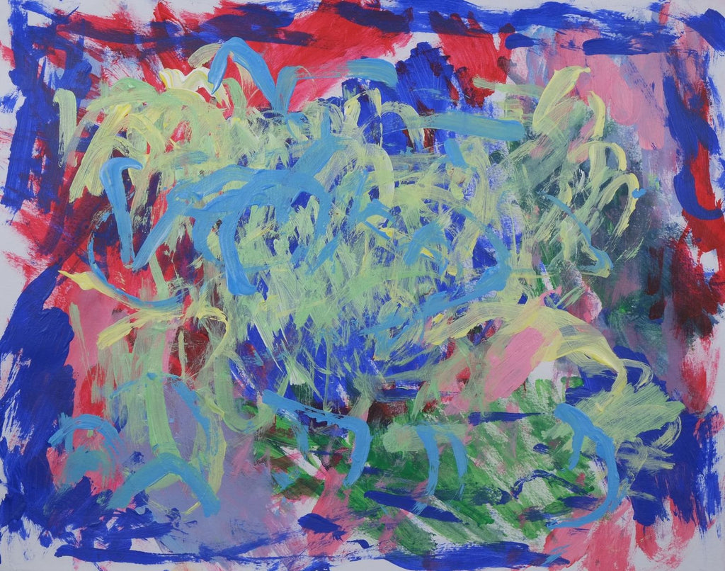 Acrylic on paper artwork with dark blue, light blue, red, light green, dark green and pink swirls mixed throughout