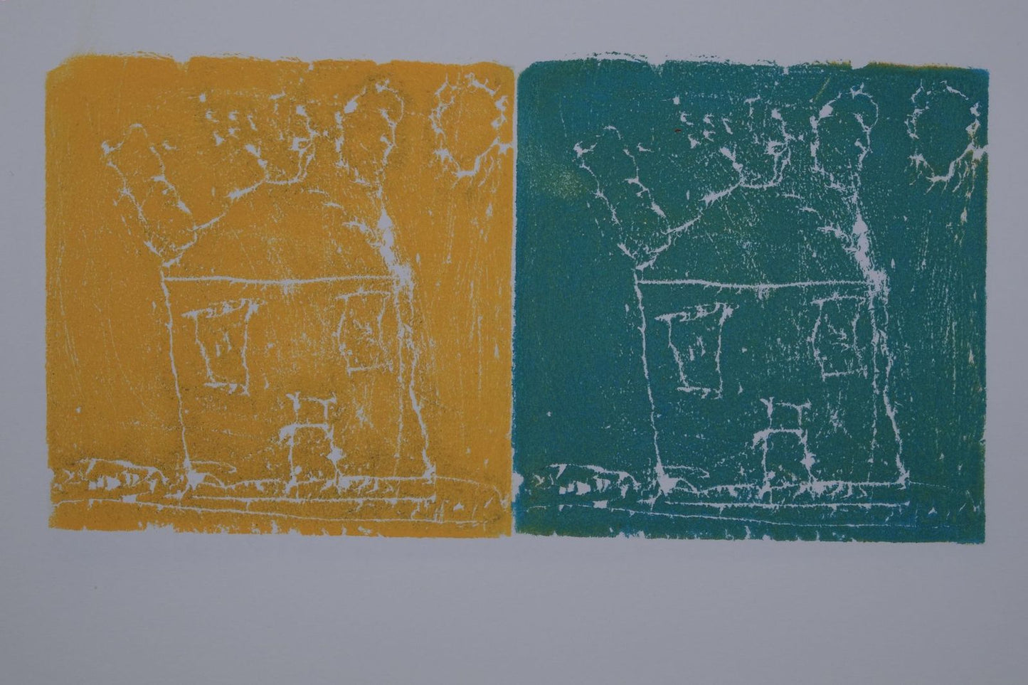 Ink on paper artwork with yellow block depicting a white house on the left and a teal block depicting a white house on the right