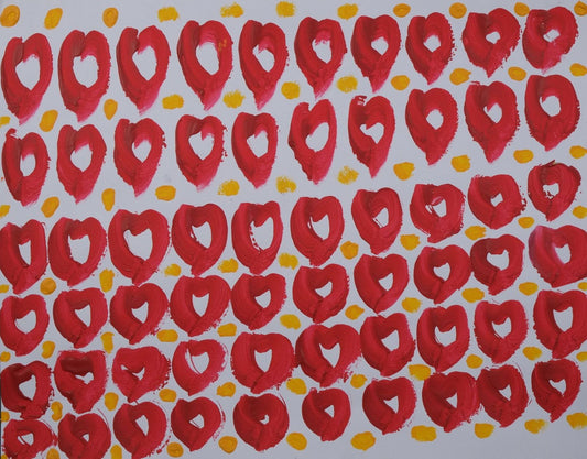 Acrylic on paper artwork against a white background with horizontal rows of red hearts and golden dots