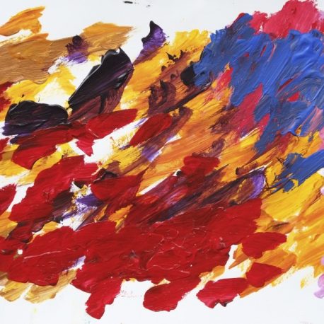 Acrylic on paper artwork with a mostly white background with overlapping slanted paint strokes of yellow, red, blue and purple