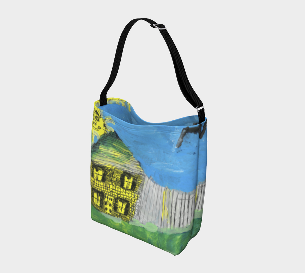 Stretchy spacious tote bag with a crossbody strap. The bag has an image on both sides of a house, sun, fence, and bird