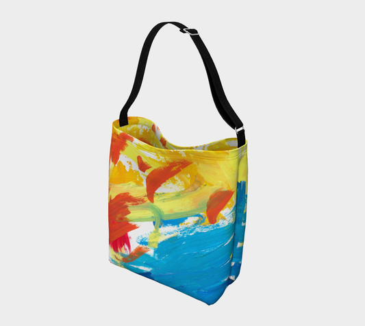 This is a cross body bag with a black strap with the following painting: This is a abstract painting with paintstrokes in blue, red and yellow