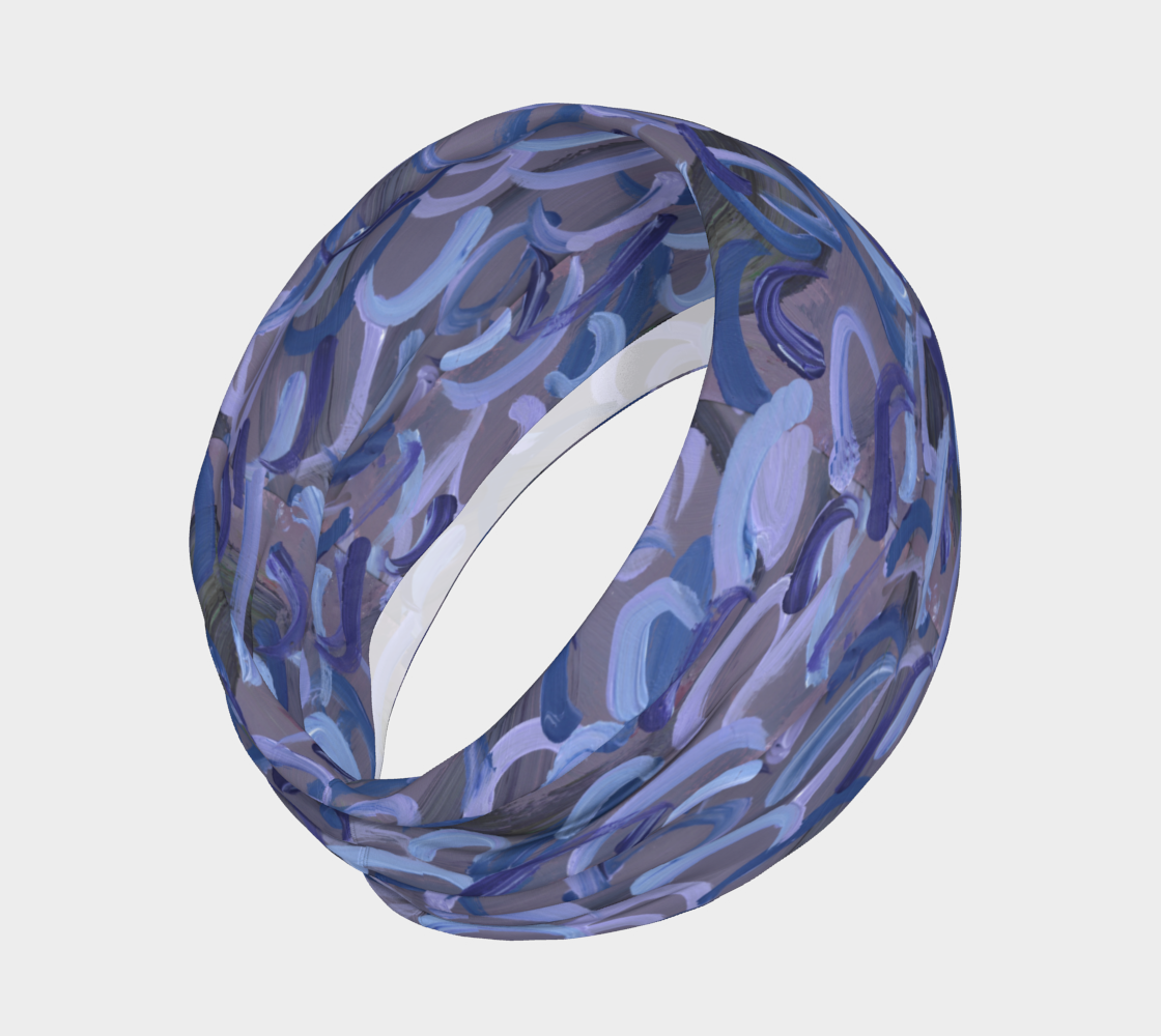 Headband with abstract design of gray with light blue, dark blue, and lavender swirls.