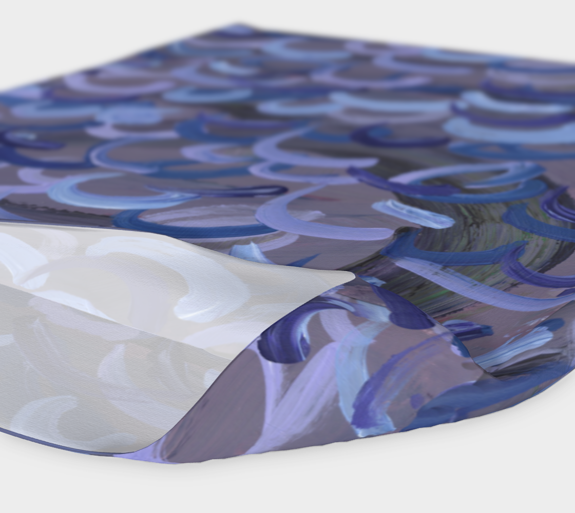 Flat lay view of headband  showing design of Gray with light blue, dark blue, and lavender swirls.