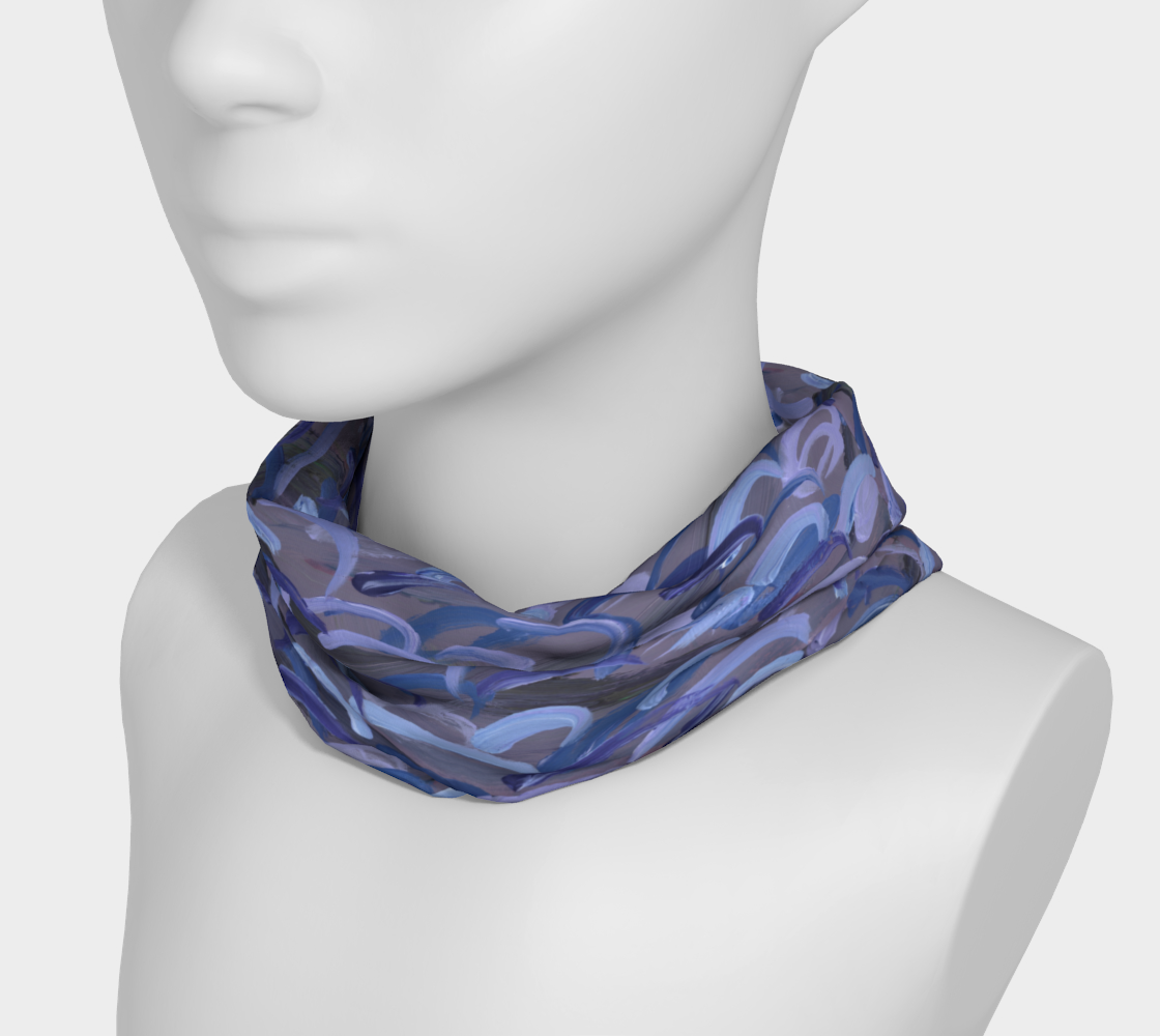 Mannequin wearing headband around neck with abstract design of gray with light blue, dark blue, and lavender swirls.