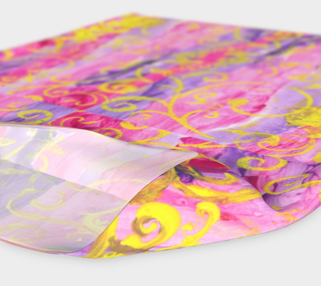 Headband with pink and purple stripes and yellow swirls all around. Showing inside is white.