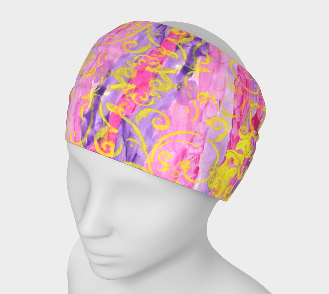 Mannequin wearing headband with pink and purple stripes and yellow swirls all around.