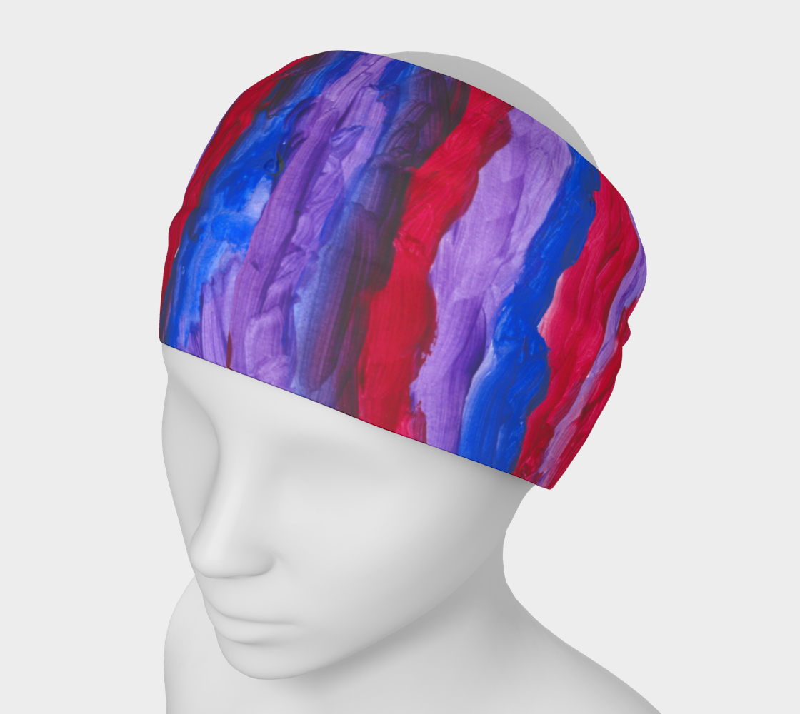 Mannequin wearing headband, around head, designed with royal blue, red and purple blended stripes.