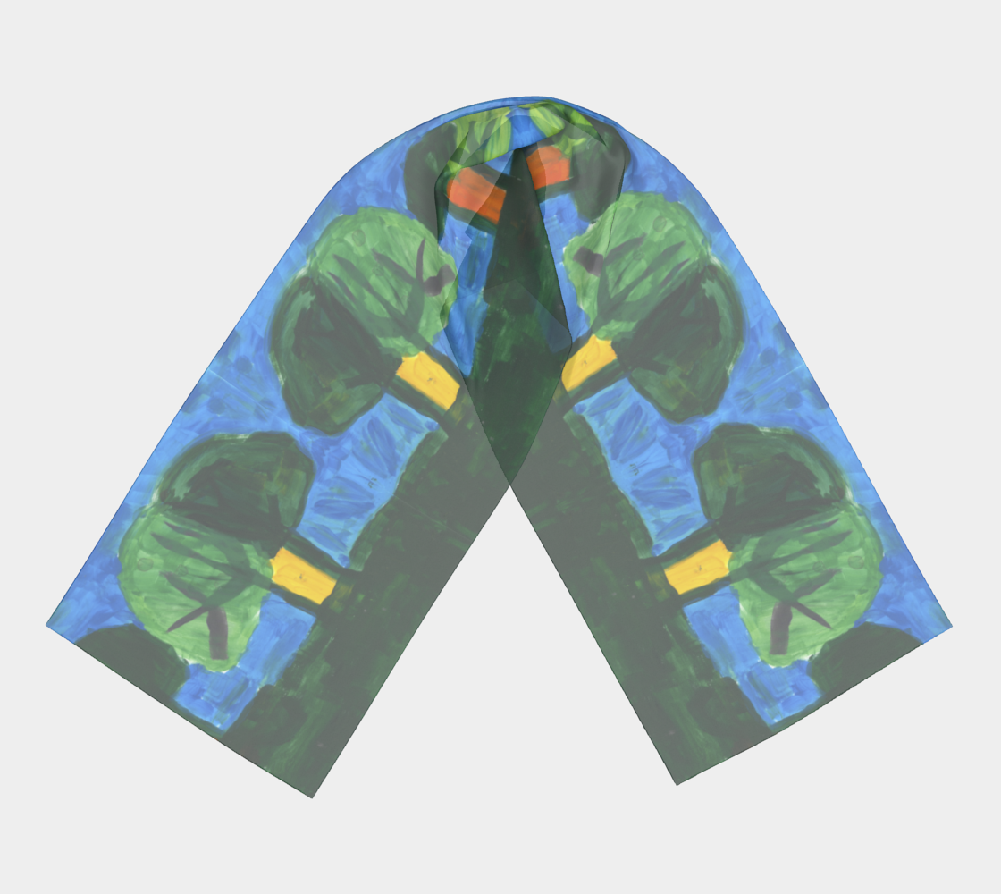 Rectangular scarf with painting design repeated twice. Two pairs of trees with overlapping foliage, the left side is a darker green than its companion to the left. The foliage is painted more transparent to be able to see the branches of the trees. In between the pair of tree trunks are yellow (for the first pair to the left) and orange (for the second pair to the right). This scene is painted on a background of light blue sky and a dark green grass.