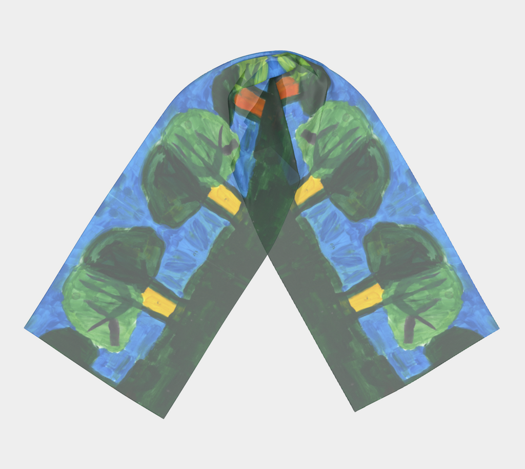 Rectangular scarf with painting design repeated twice. Two pairs of trees with overlapping foliage, the left side is a darker green than its companion to the left. The foliage is painted more transparent to be able to see the branches of the trees. In between the pair of tree trunks are yellow (for the first pair to the left) and orange (for the second pair to the right). This scene is painted on a background of light blue sky and a dark green grass.