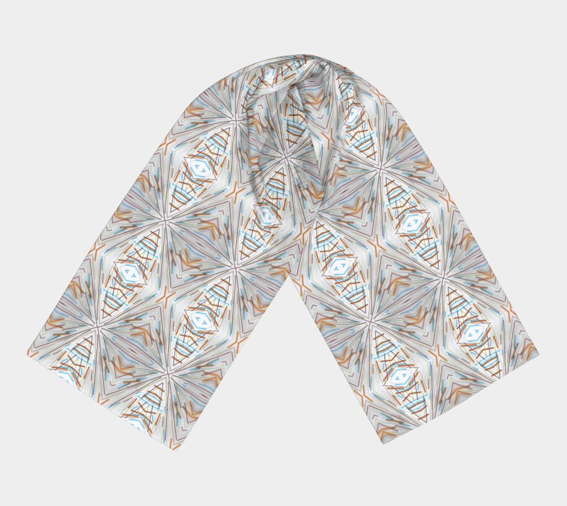 Rectangular scarf printed with repeating and mirrored pattern. Pattern comes from bowl with a clear piece of glass with lines radiating from the lower left corner outward. The colors of the lines are red, green, faint blue, with thicker lines of orange and light blue.
