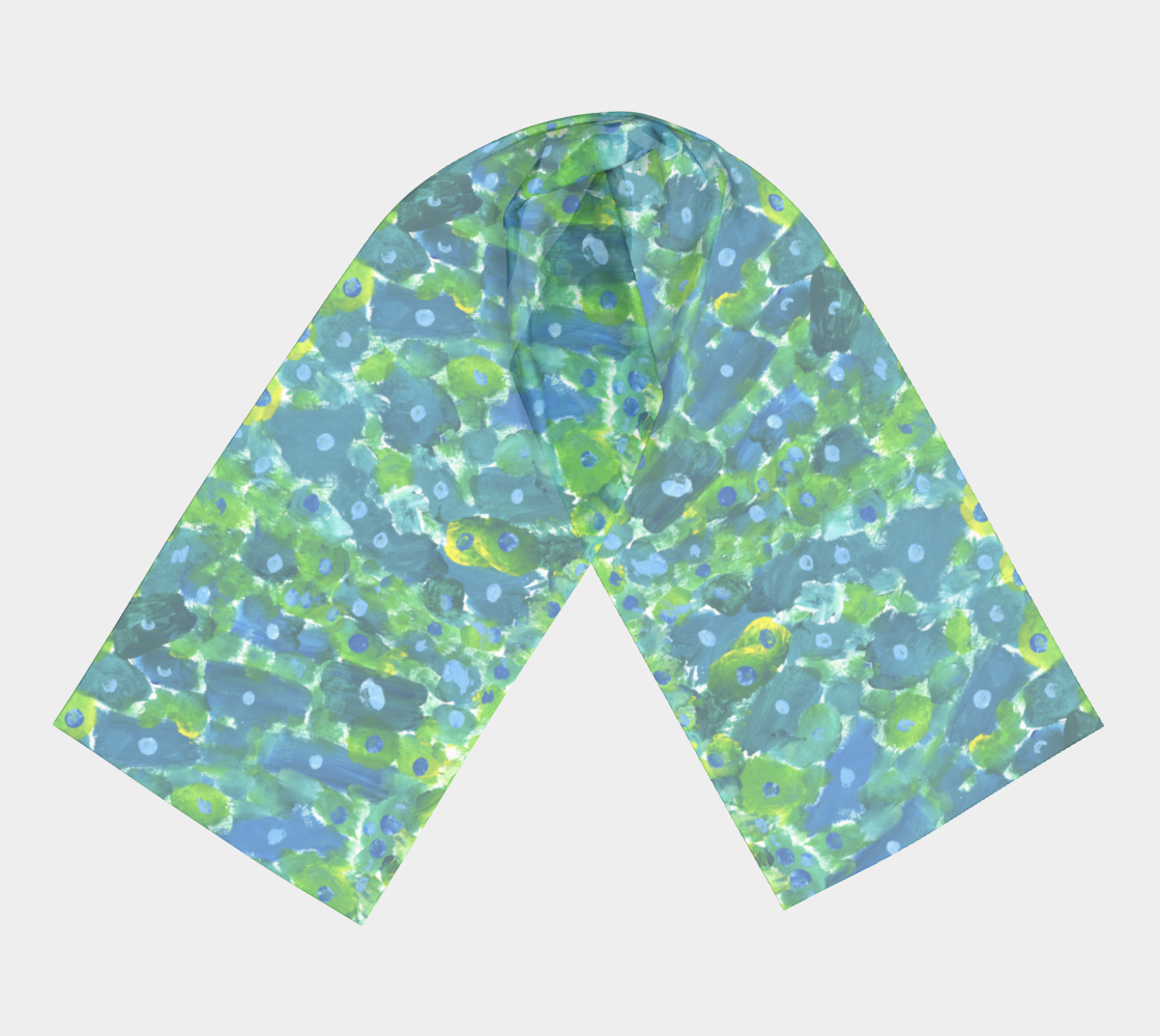 Scarf designed with streaks and splotches of grayish blue and yellowish green all have a light blue dot on them, except for about 15 which have a dark blue dot.