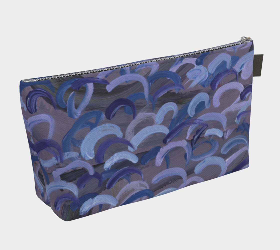Back of Makeup Bag with zipper and abstract design of gray with light blue, dark blue, and lavender swirls.