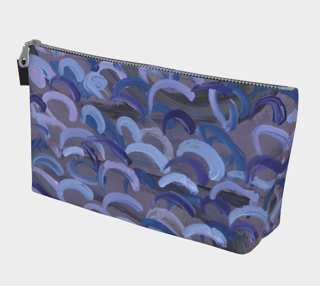 Makeup Bag with zipper and abstract design of gray with light blue, dark blue, and lavender swirls.