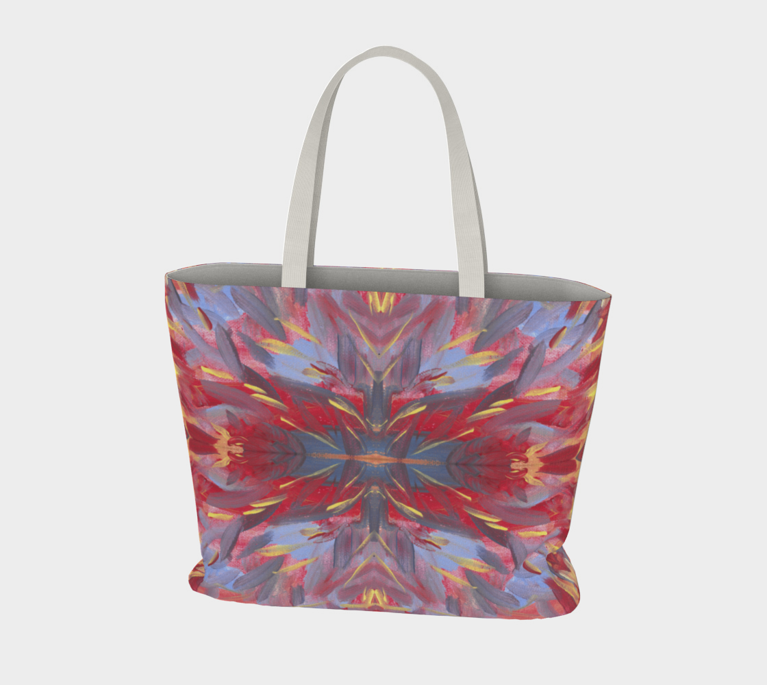 large tote bag with orangish red with a touch of yellow are mostly diagonal streaks of sky blue, gray, yellow, and deep red. The streaks look somewhat like feathers.