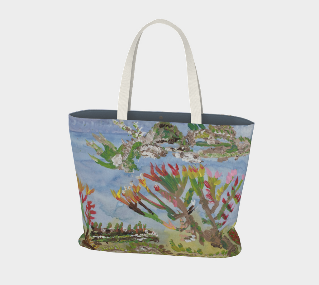 Large market tote bag with design of a water colored background of washes of blues in the sky and greens for the grass. Painted on top of the wash is a highly textured paint depicting grass, trees, and brush. There are two trees in the center of the painting, the branches start from the trunk being brown, going outward turns to green then red, then yellow sprouts