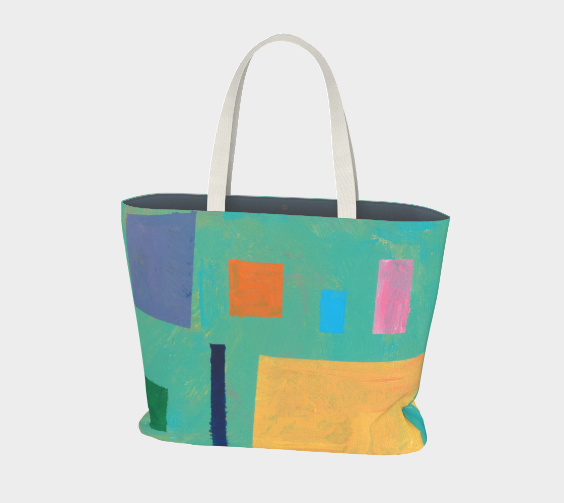 Market tote of Painting of blue background with yellow, navy, pink, orange, green and blue square doors.