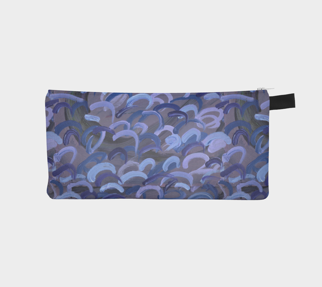Pencil Case with Evan's original abstract artwork of Gray with light blue, dark blue, and lavender swirls. 