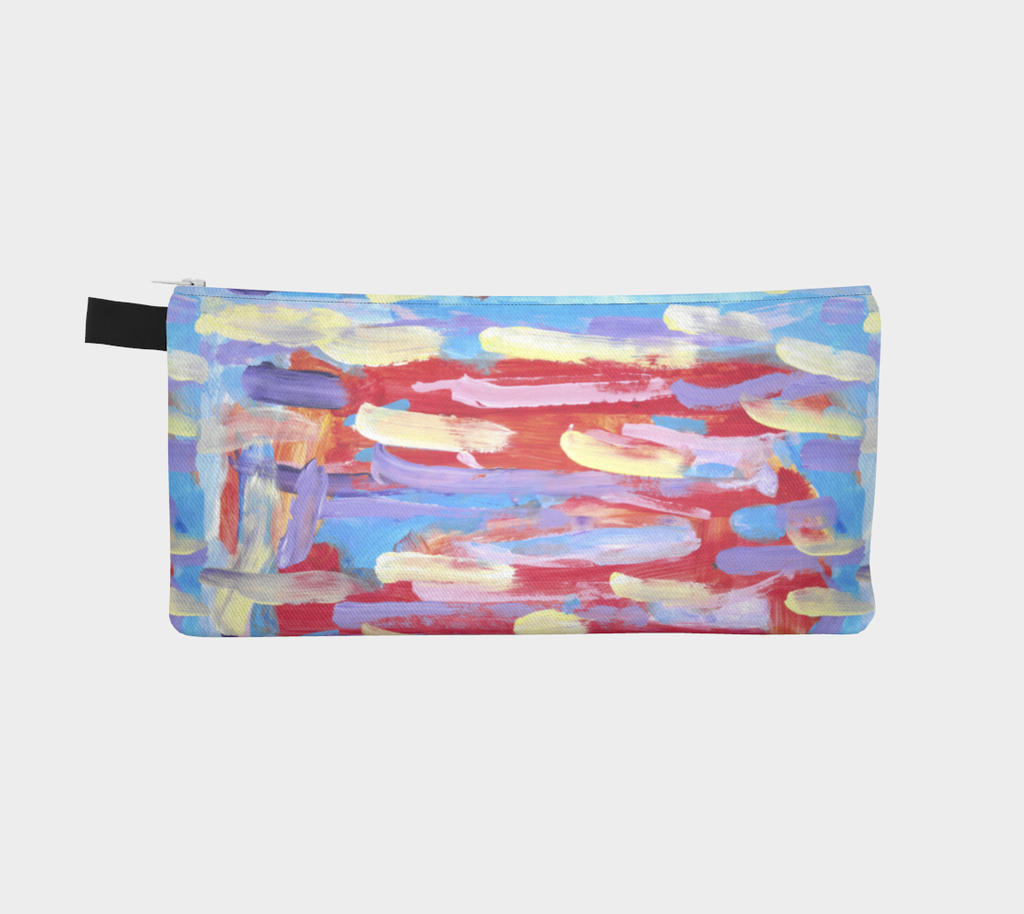 Pencil Case of artwork shown against an orangish-red blackground are pale streaks of pink, yellow, lavender, and sky blue. 