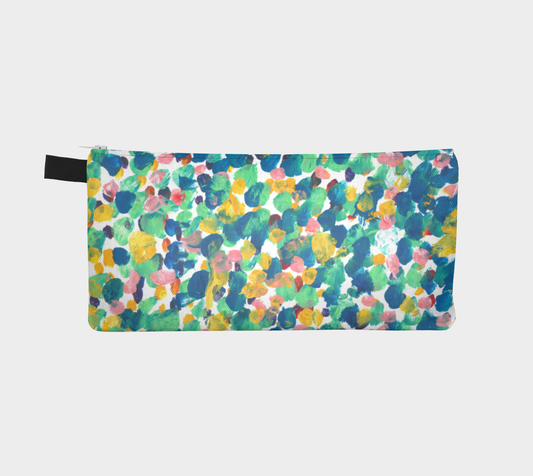 Back of Carryall bag with black wrist strap and blue, green, yellow and pink dots design