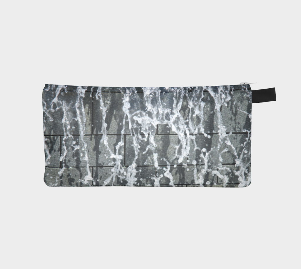 Back of Zippered pencil case with gray, white and black design depicting running water