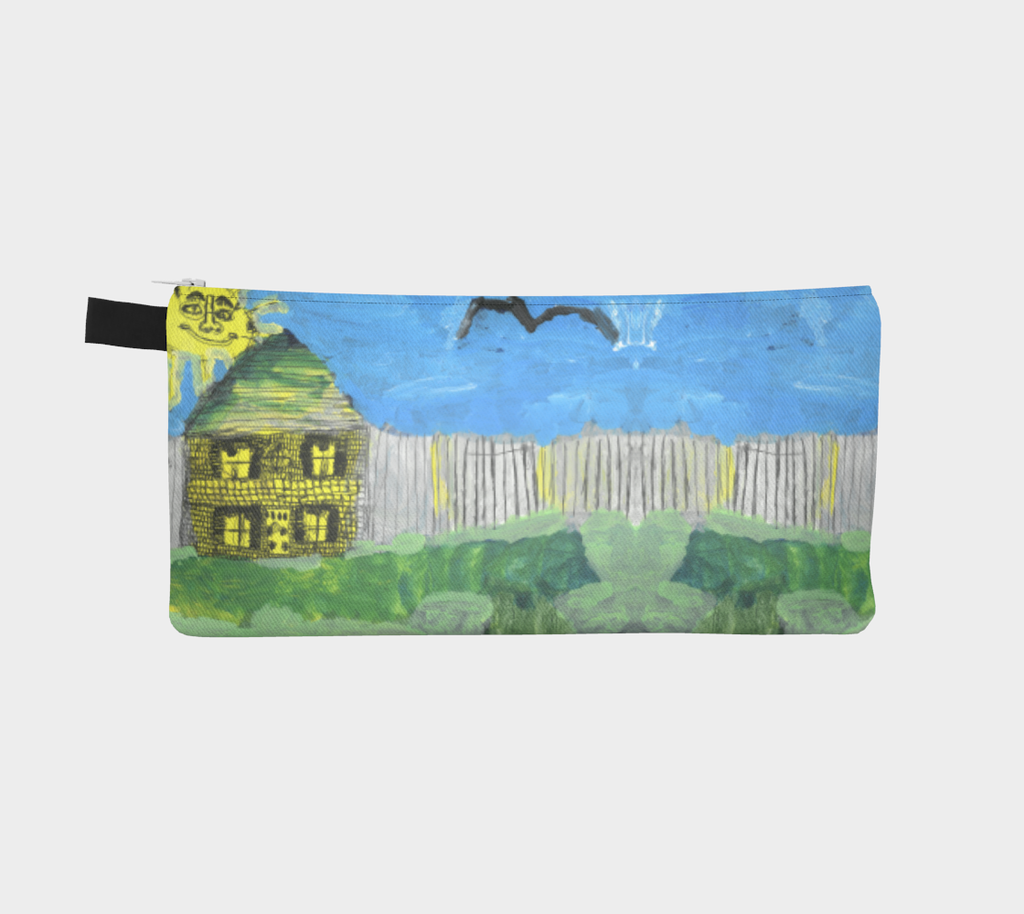 Zipper pencil case with a two sided image of a House, fence, sun, and bird