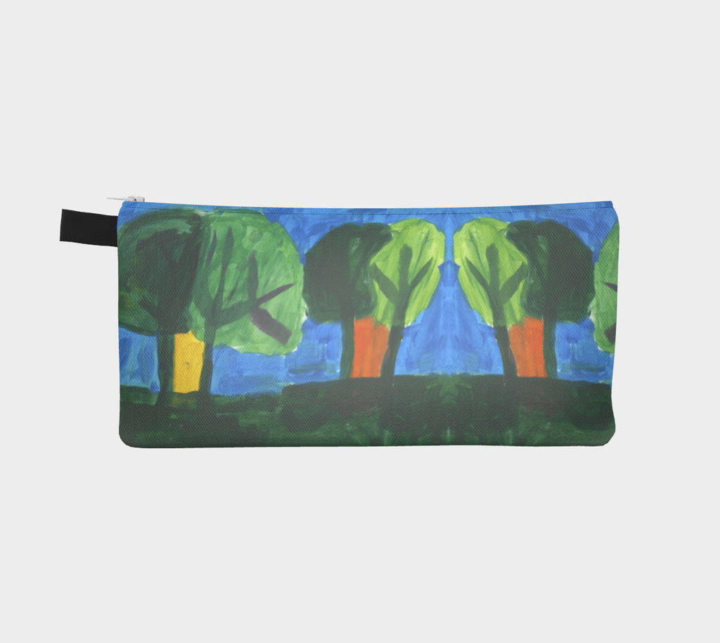 Rectangular pencil bag with zipper printed with painting design repeated. Two pairs of trees with overlapping foliage, the left side is a darker green than its companion to the left. The foliage is painted more transparent to be able to see the branches of the trees. In between the pair of tree trunks are yellow (for the first pair to the left) and orange (for the second pair to the right). This scene is painted on a background of light blue sky and a dark green grass.