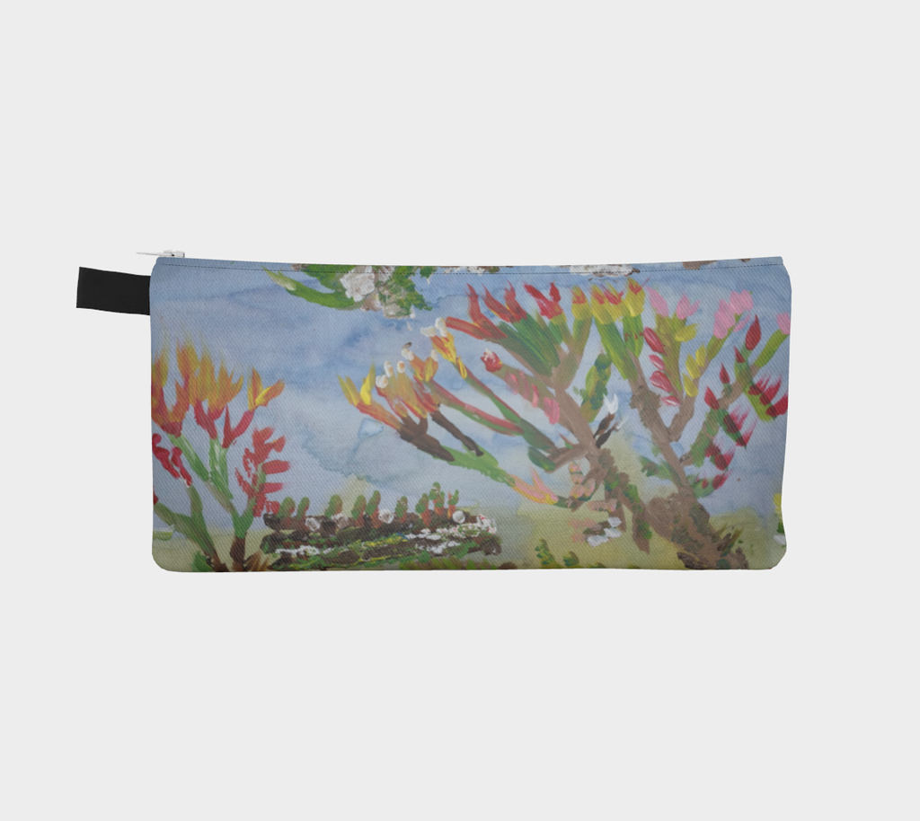 Pencil case with design of A water colored background of washes of blues in the sky and greens for the grass. Painted on top of the wash is a highly textured paint depicting grass, trees, and brush. There are two trees in the center of the painting, the branches start from the trunk being brown, going outward turns to green then red, then yellow sprouts