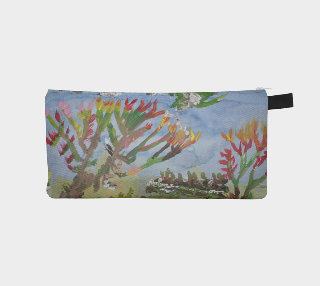 Pencil case with design of A water colored background of washes of blues in the sky and greens for the grass. Painted on top of the wash is a highly textured paint depicting grass, trees, and brush. There are two trees in the center of the painting, the branches start from the trunk being brown, going outward turns to green then red, then yellow sprouts