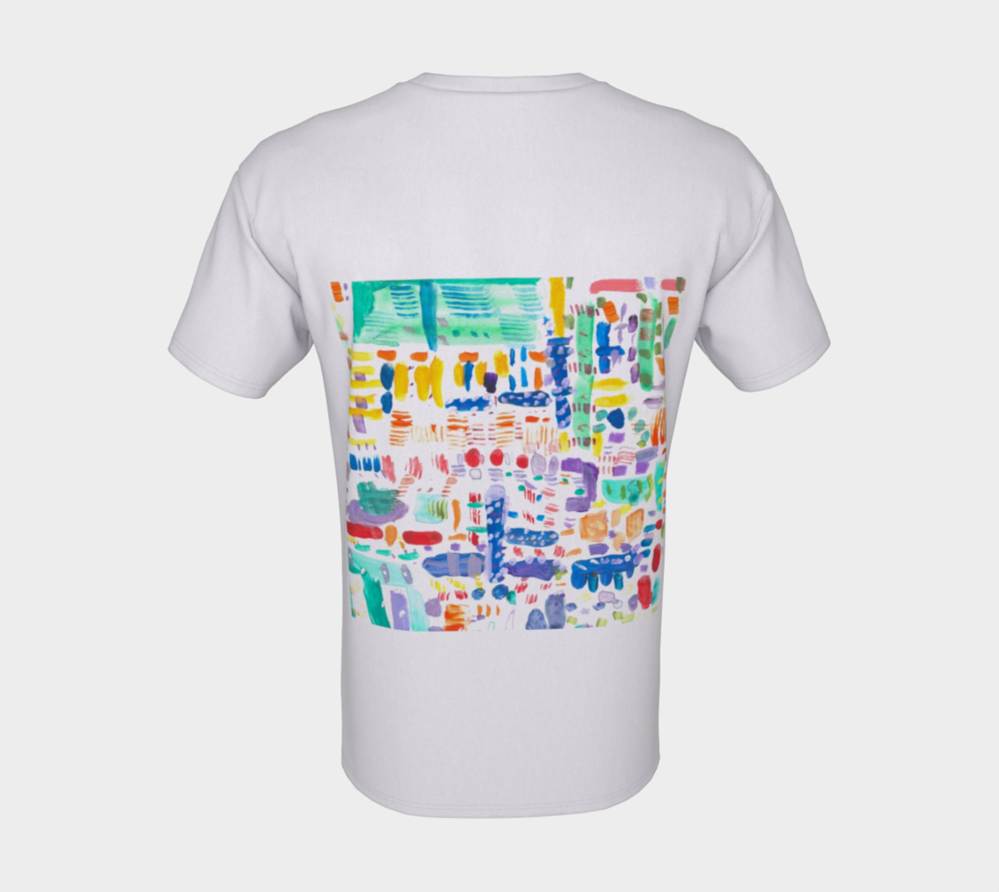 Flat lay view of back of white tshirt depicting square artwork with free form shapes of blue, purple, green, yellow, orange and red colors.