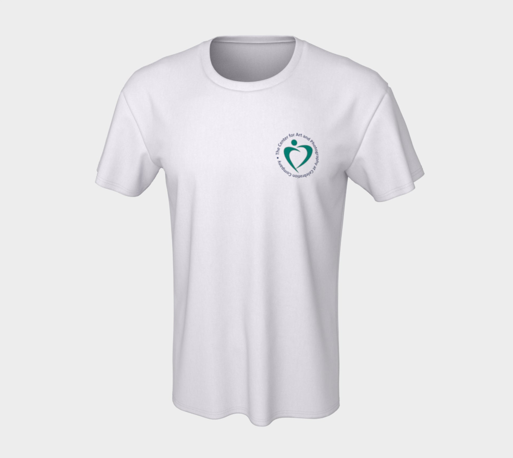 Flat lay view of front of white tshirt showing Celebration Company logo