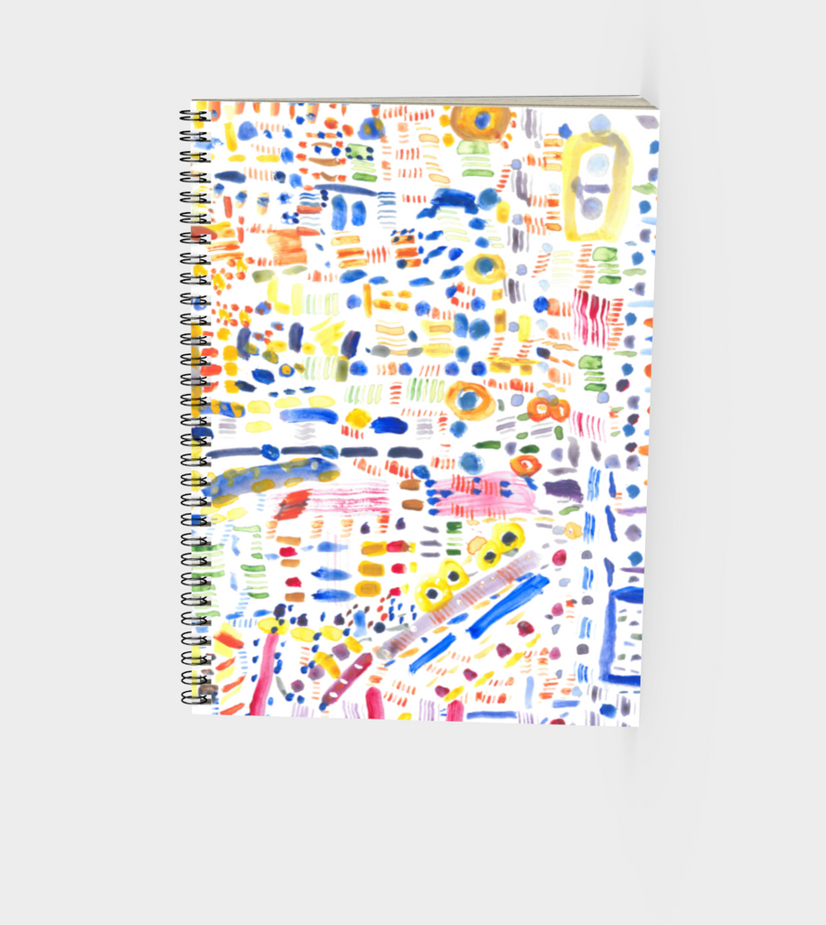 spiral notebook with Artwork depicting white background with free form shapes of blue, purple, green, yellow, orange and red color on the cover