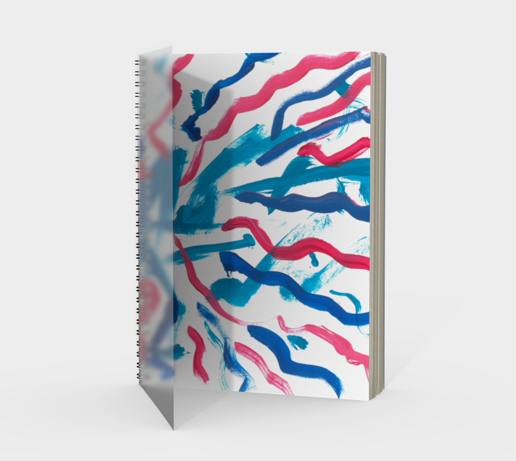 This is a spiral notebook  that shows blue streaks of paints with several pink and dark blue squiggles of paint going toward it