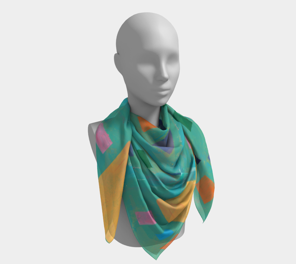 Scarf of Painting of blue background with yellow, navy, pink, orange, green and blue square doors.