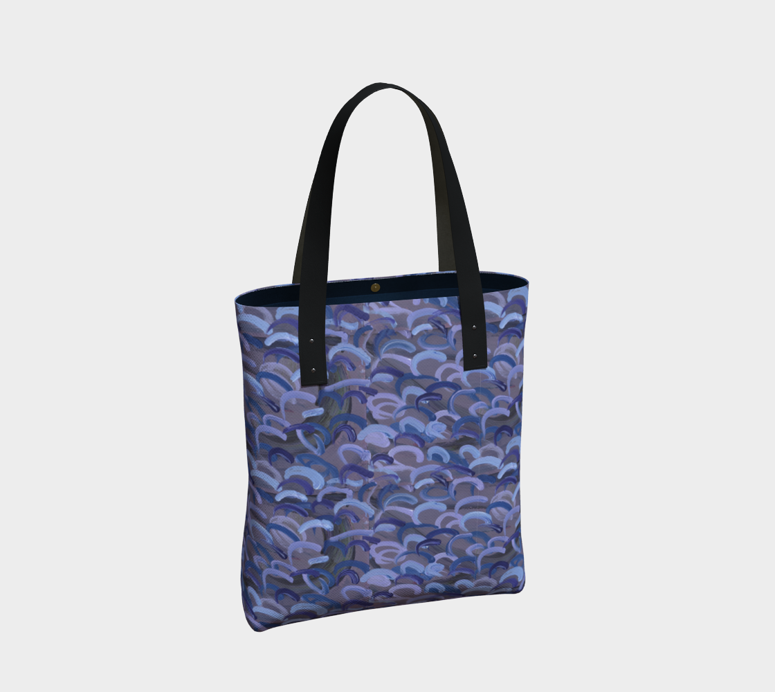 Lined Totebag of of Evan's original abstract artwork of Gray with light blue, dark blue, and lavender swirls.