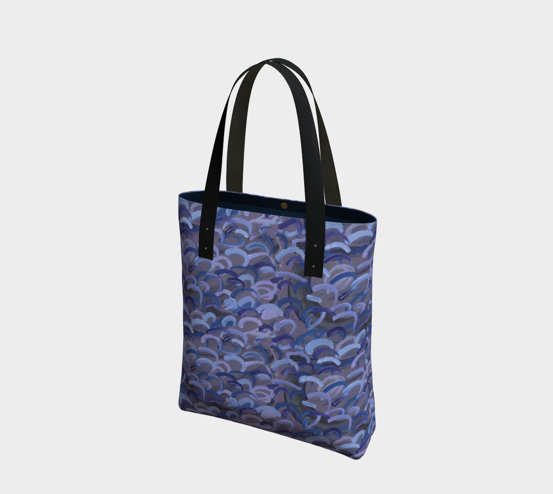 Lined Totebag of of Evan's original abstract artwork of Gray with light blue, dark blue, and lavender swirls. Zipper inside.
