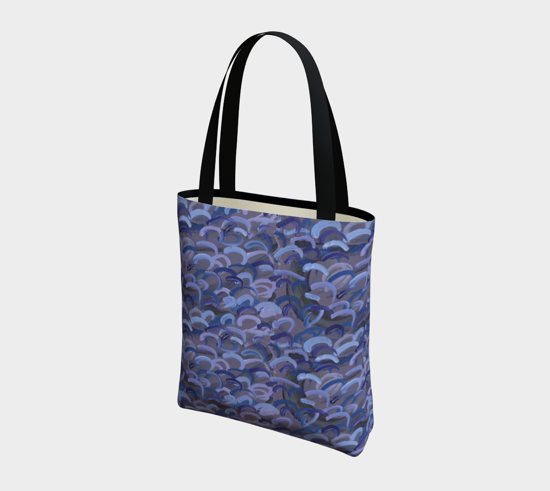 Unlined Totebag of Evan's original abstract artwork of Gray with light blue, dark blue, and lavender swirls.
