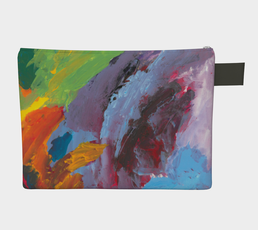 Zippered carryall with lavender, light blue, green, yellow, orange and red paint streaks