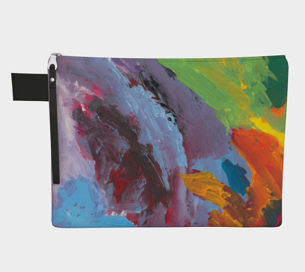 Zippered carryall with lavender, light blue, green, yellow, orange and red paint streaks